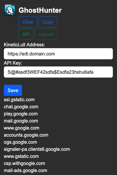 GhostHunter API configuration with KineticLull server address and API key fields